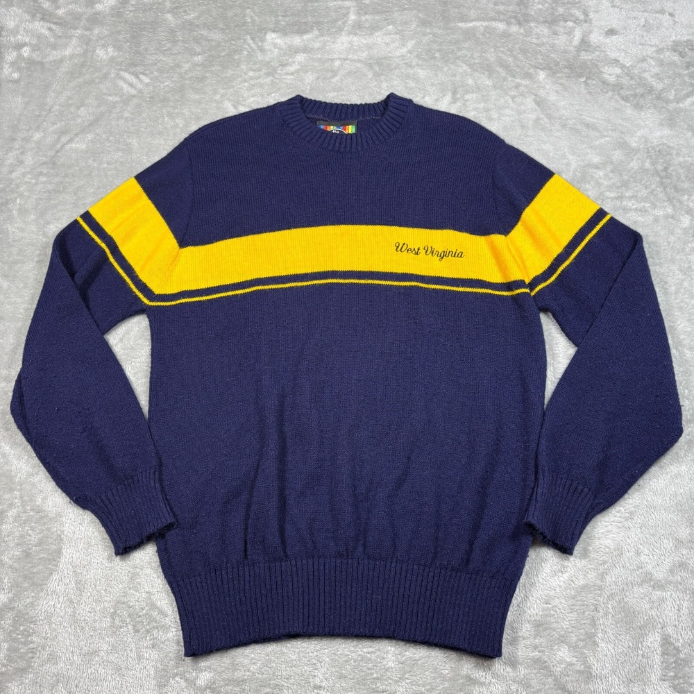 Vintage West Virginia Mountaineers Sweater Men Large Blue 70s Stripe Made In USA